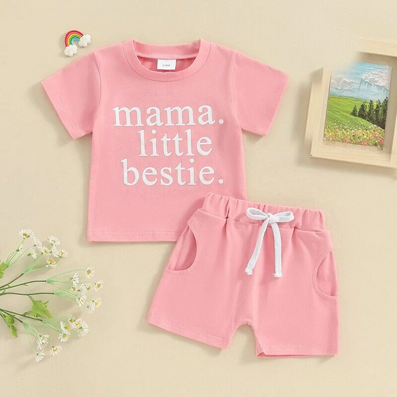 Lioraitiin-t-shirt de manga curta com letras estampadas para bebé menina, top com calções stretch, roupa de verão, 0 a 3 anos
