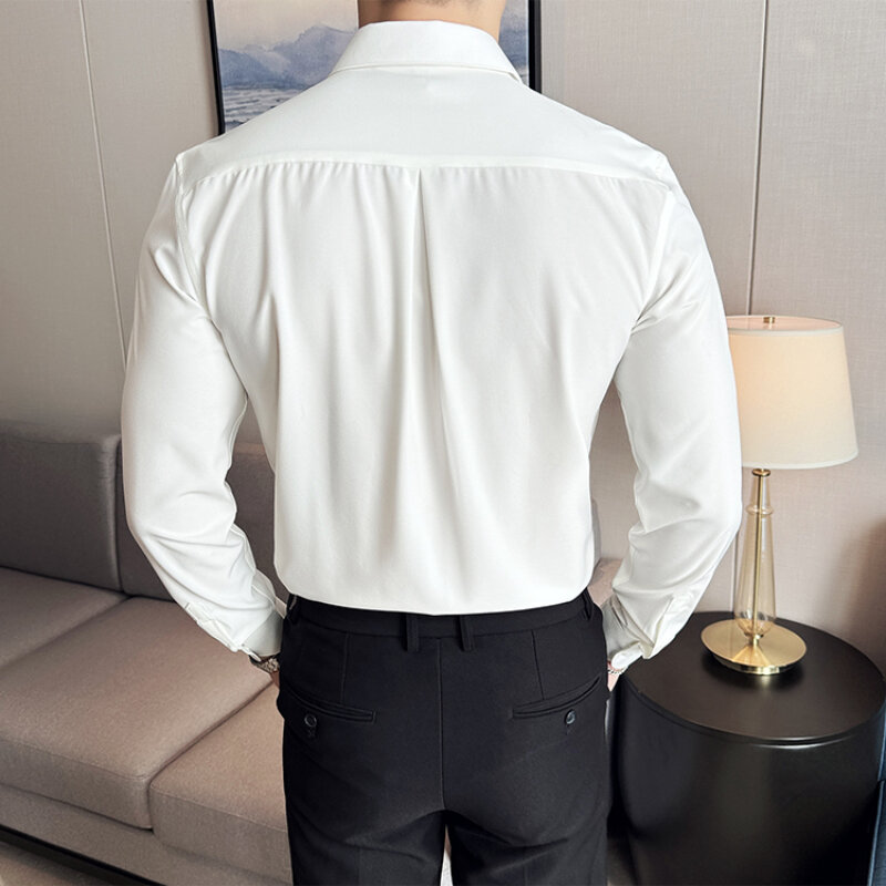 Kemeja celana panjang warna Solid pria Slim-fit, kemeja putih Formal kasual bisnis, kemeja pesta berkualitas tinggi. M-4XL