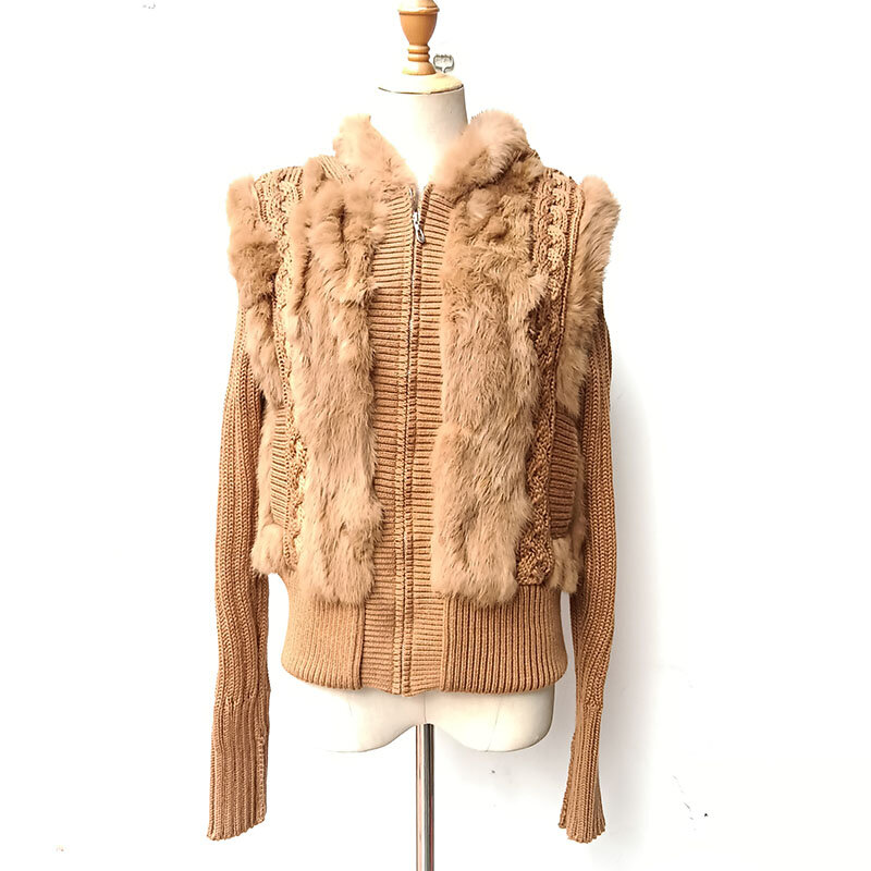 Casaco de pele de coelho real feminino com capuz, manga comprida, outwear quente, jaqueta de pele de coelho genuína, moda feminina, inverno