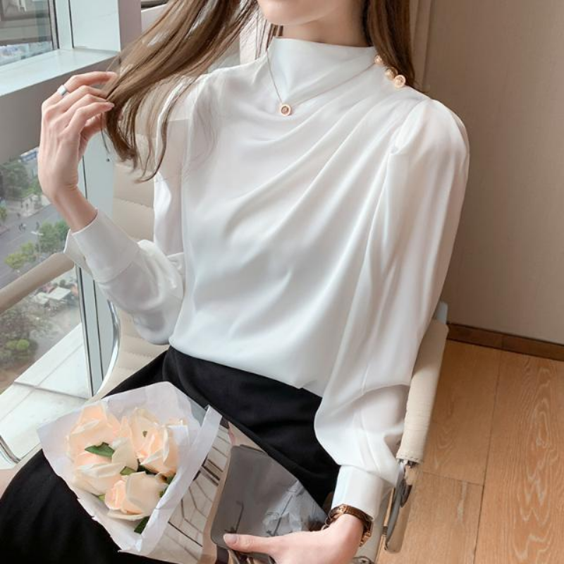 Elegante camisa feminina de botões patchwork, manga comprida tops, monocromática, solta blusa plissada, temperamento roupas de escritório, novo, primavera