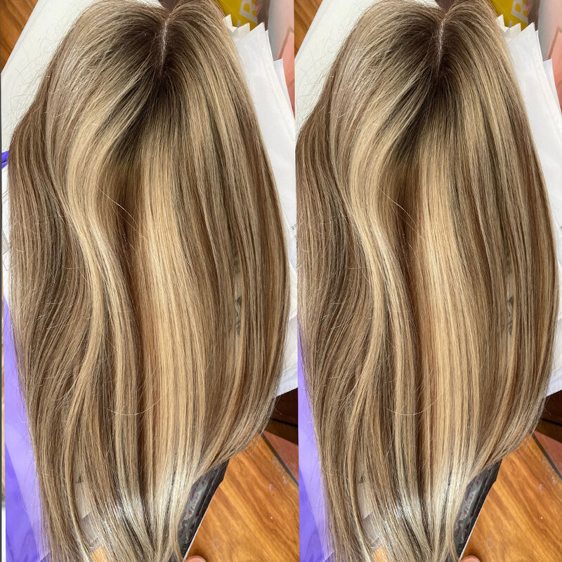 8 "-20" 8x13cm sorot coklat dan warna pirang lurus wanita Topper rambut manusia Eropa Remy alami penggantian rambut palsu