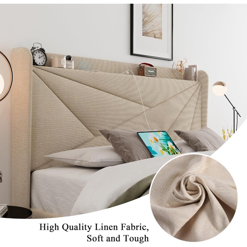 Cadre de lit Queen Size avec ports USB Type-C, cadre de lit à plateforme, planche de sauna en bois massif, stockage à oreilles