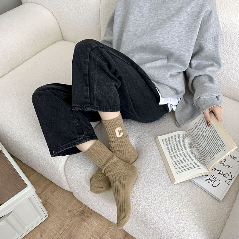 Luxury Women Wool Socks Warm Winter Thick Cashmere Casual Japanese Fashion Solid Color Comfortable Home Sock Long High Quality