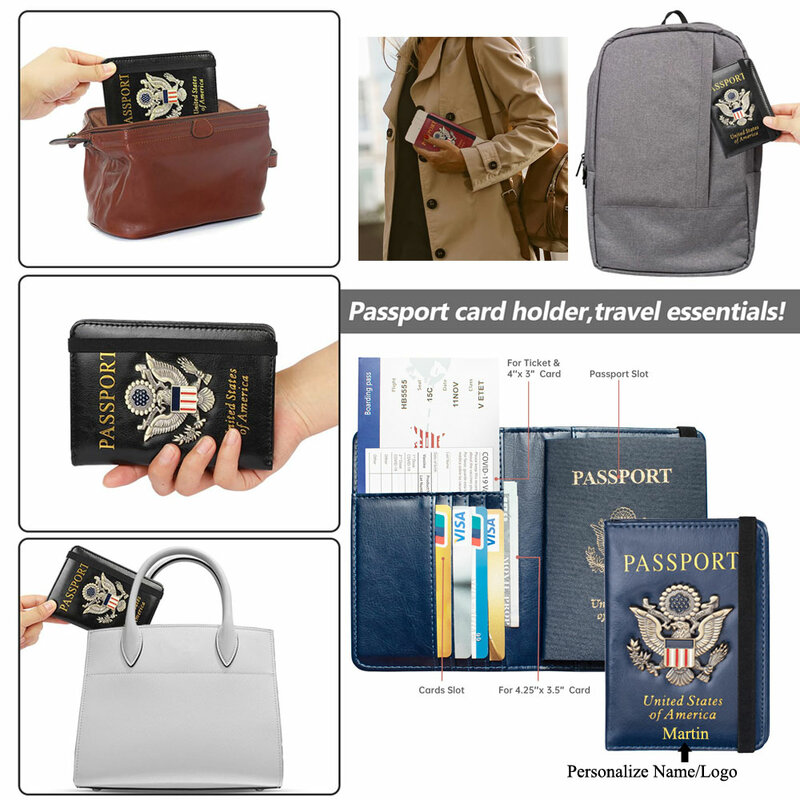 Carteira de passaporte personalizada para homens e mulheres, RFID US Passport Cover Case, protetor de livro de couro impermeável, slot para cartão
