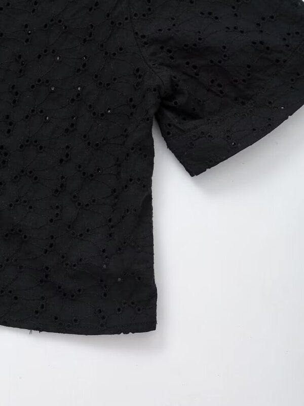 Traje de 2 piezas para mujer, camisa corta bordada con cuello de moda, blusa Retro de manga corta + Pantalones rectos de cintura alta, 2024