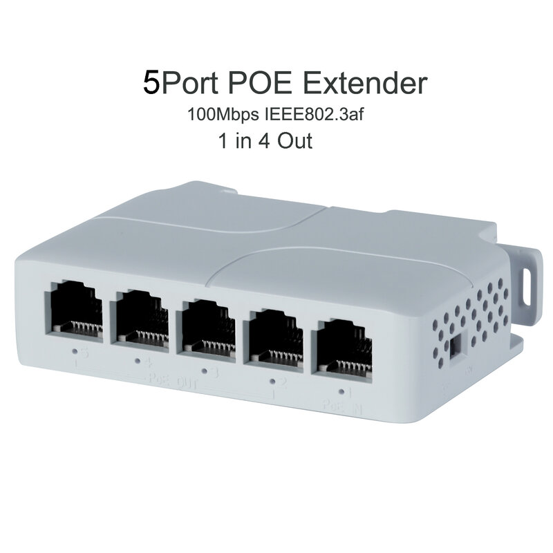 POE Network Switch Repeater com IEEE802.3af, Extensor de Câmera IP NVR, 5 Portas, 90W, 10 Mbps, 100Mbps, 1 em 4 Saída, 100 Metros