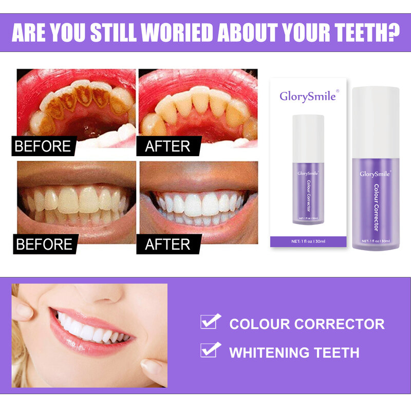 GloryFleece-Dentifrice dentaire violet pour le blanchiment des dents, élimine la plaque dentaire, soin SAF, rapport de document V34