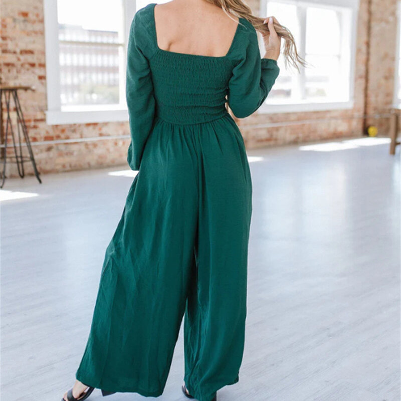 Party Daily Jumpsuit Jumpsuit Long Sleeve Neck High Waist Pullover Solid Puff Sleeve Temperament Wide Leg Playsuit
