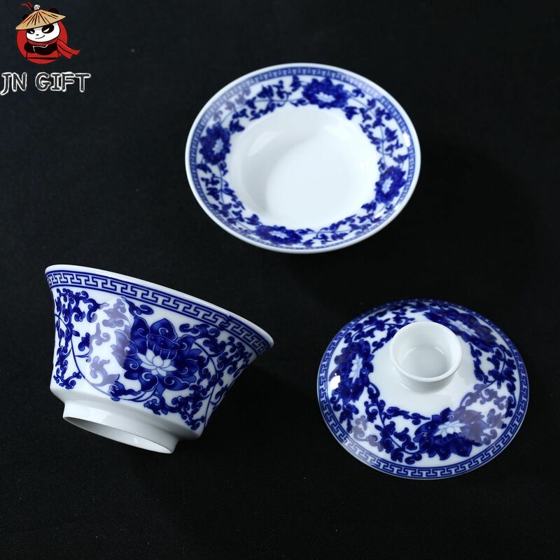 Jingdezhen mangkok teh keramik 3 buah, set cangkir teh mangkuk penutup biru dan putih, cangkir teh keramik kelas atas China