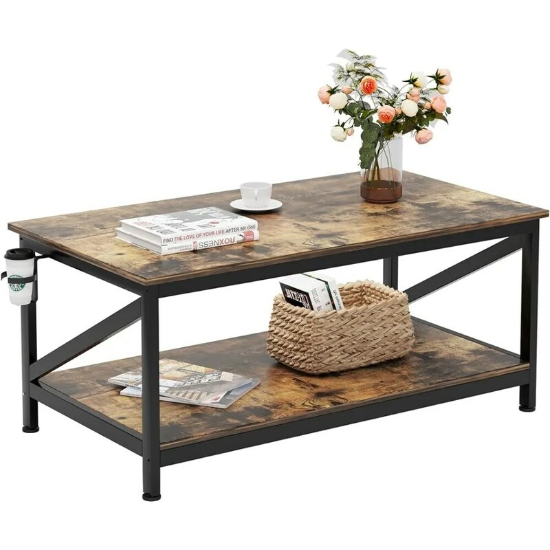 39-Inch Farmhouse Coffee Table Seating Room Tables Rectangular Industrial Wood Table With Storage Rack Living Coffe Modern Café