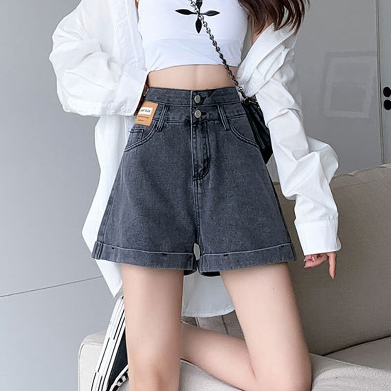 High-waisted rolled denim shorts female summer 2024 new loose thin wide leg a word large size design hot pants
