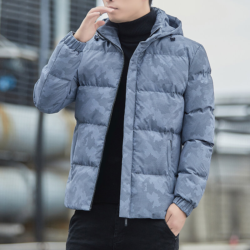 Jaqueta de algodão masculina, chapéu destacável, patchwork, bolso com zíper, impresso, engrossado, manga comprida, moda, novo, Inverno, 2022