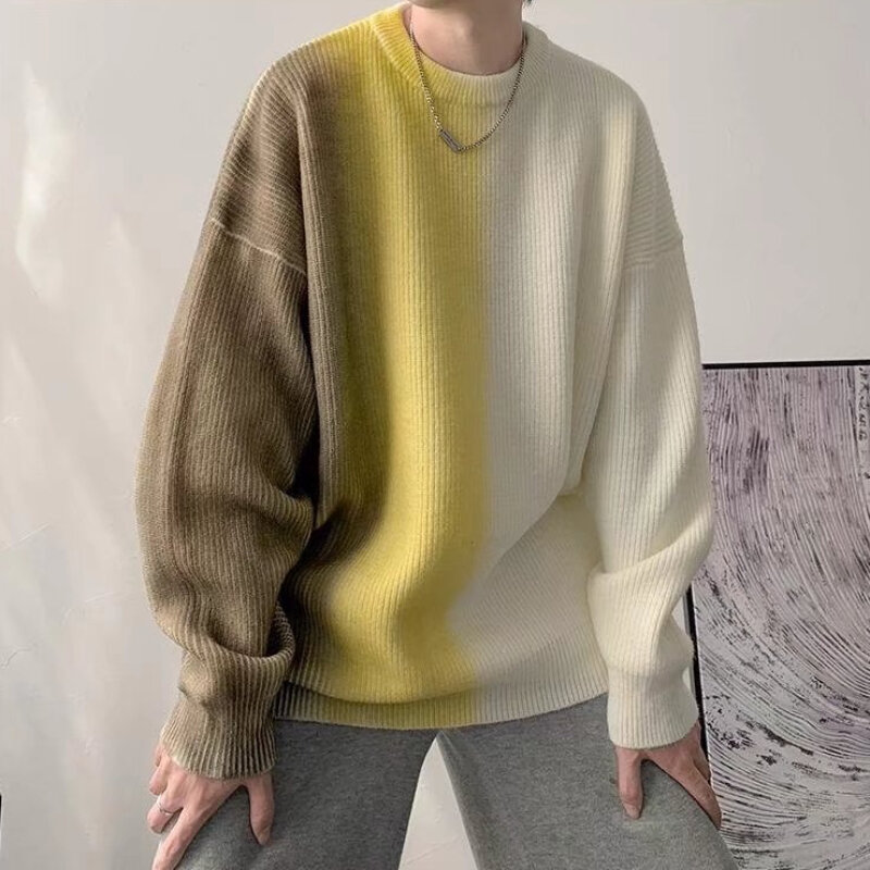 Suéter Baggy de cor gradiente masculino, malhas com gola redonda, bloqueio quente, confortável, estilo japonês, vitalidade, chique, adolescentes, inverno, 2023