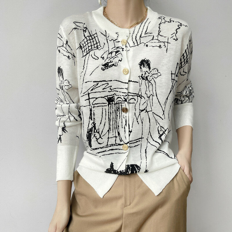 Popular estilo graffiti feminino cashmere cardigan nova moda o pescoço elástico suéter feminino macio solto lã cardigan