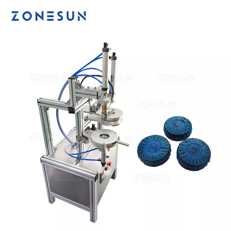 ZONESUN-ZS-PK920 Penumatic, bloque de limpieza de inodoro semiautomático de burbujas azules, empaquetadora plegada, envoltura de máquina de sellado térmico