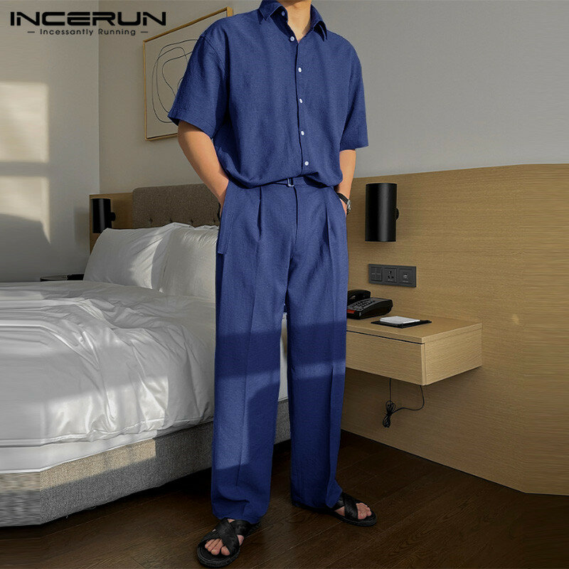 INCERUN-Conjunto de dos piezas para hombre, camisa y pantalones de manga corta con solapa de Color sólido, ropa de calle holgada, moda informal, 2024