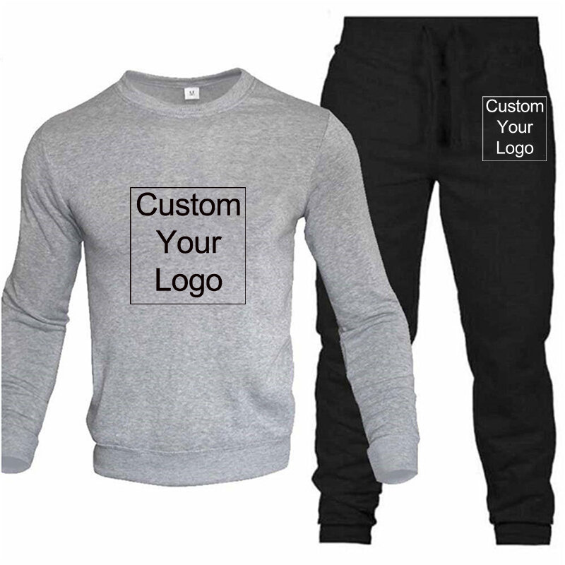 New Custom Logo Solid Color New High-Quality Men's Leisure Sports Round Neck Hoodless Pullover+Outdoor Running Pants Set