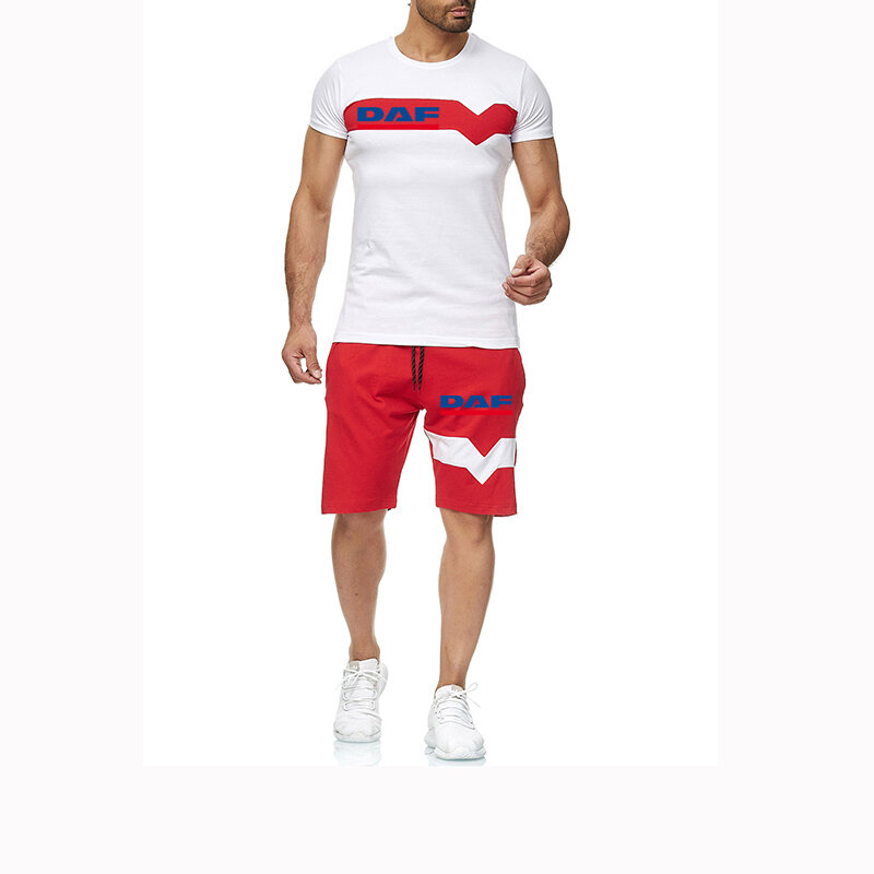 Setelan baju olahraga pria, DAF TRUCKER LOGO Splice musim panas kualitas tinggi lengan pendek cetak katun + celana pendek