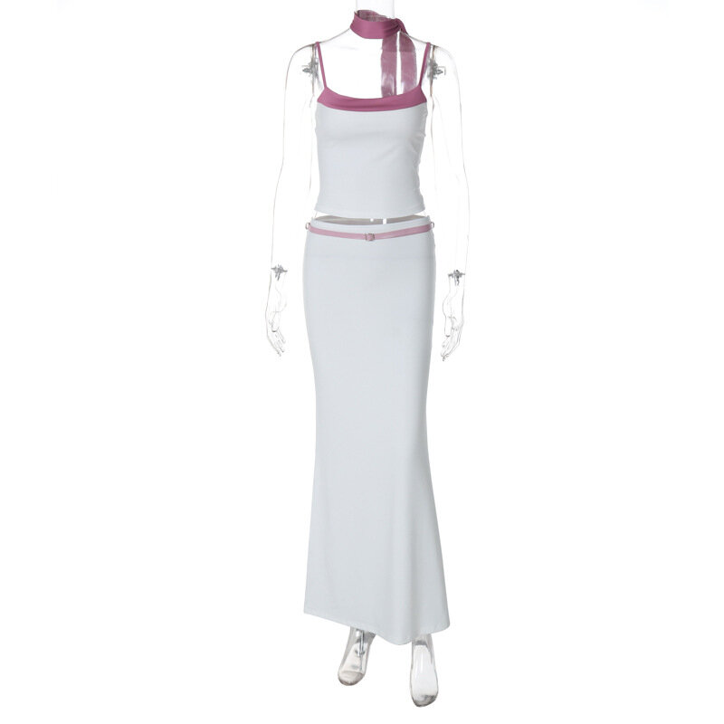 Lygens Blok Kleur Spaghettiband Cami Crop Top Lange Buis Rok Dames Sets Casual Kleding Zomer Elegante Y 2K Outfits
