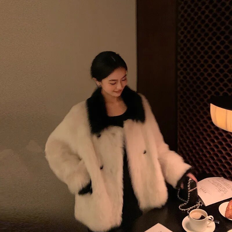 여성용 화이트 블랙 스티치 브이넥 양털 모피 코트, 따뜻한 짧은 재킷, 한국 패션, 럭셔리, 겨울 코트, 2023 신상