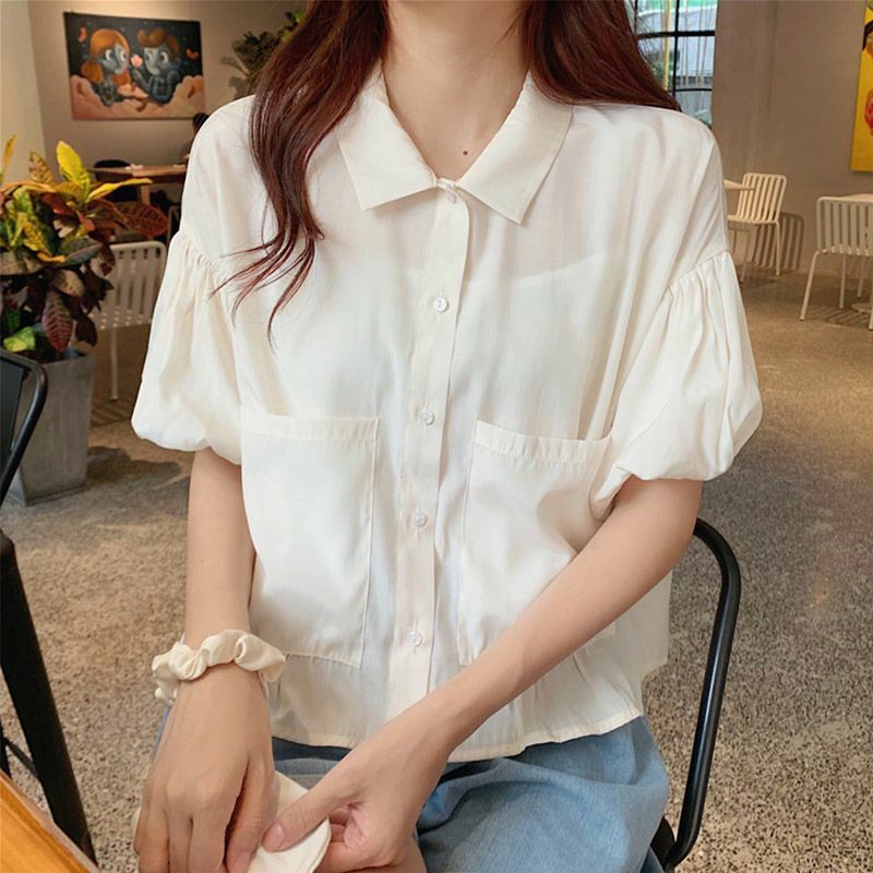 Рубашка женская с коротким рукавом, свободный летний топ в японском стиле студентов, универсальный дизайнерский прозрачный ретро Топ с большими карманами