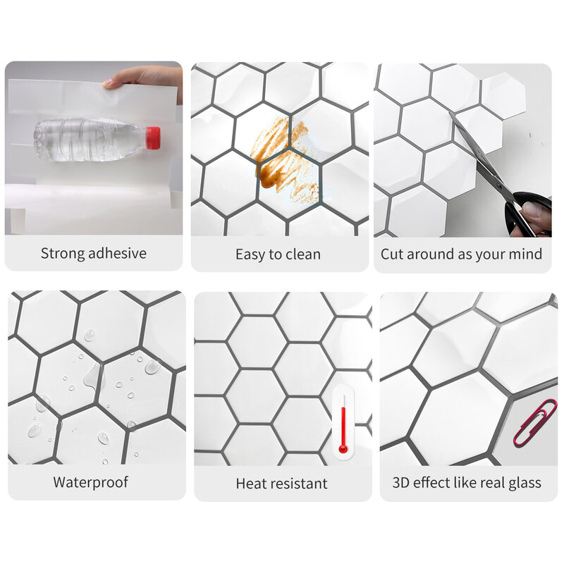 Premium Hexagon Fliesen Aufkleber Schälen und Stick 3D Ziegel Design Tapeten Starken Klebstoff Stick auf Küche und Bad Backsplash