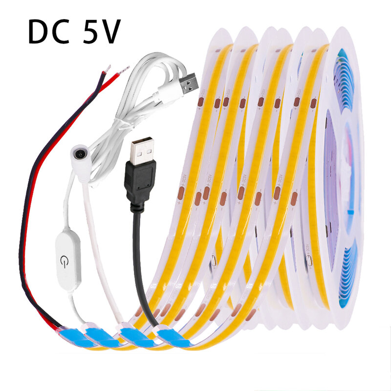 Tira de luces LED COB de 5V, cinta Flexible de iluminación lineal de alta densidad, USB 320LED/m, blanco, rojo, verde, azul, rosa, azul hielo