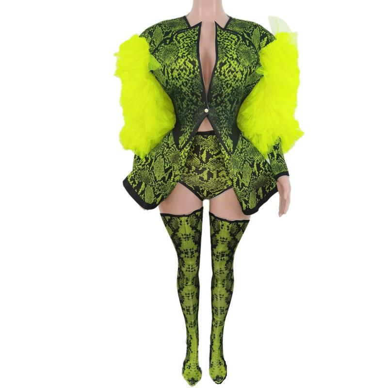 Conjunto de tres piezas con estampado de serpiente verde fluorescente para mujer, traje de Halloween, chaqueta, Body para Festival, Ferformance