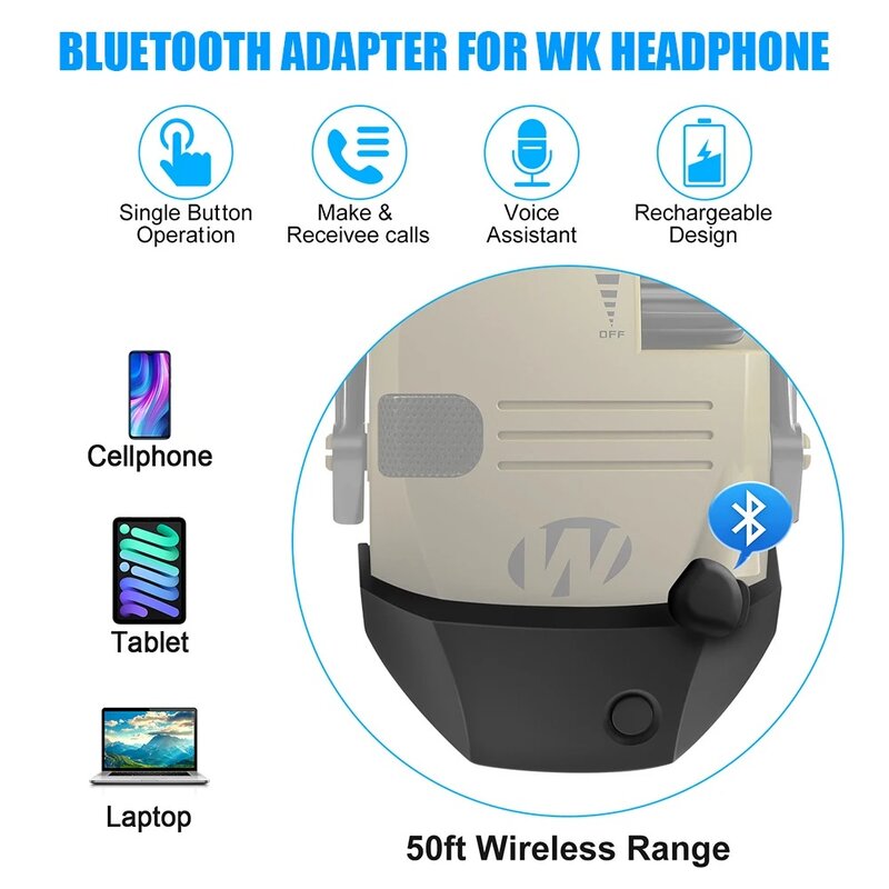 Auscultadores Bluetooth com Adaptador, Earmuffs Ativos, Tiro, Proteção Auditiva Eletrônica, Proteção Ear, Cancelamento de Ruído, Fone de Ouvido, 5.1