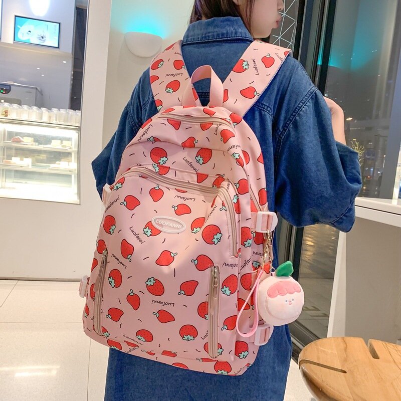 Bonita mochila escolar con estampado de fresas para niña, con correa ancha para el hombro, para reducir la carga y proteger la columna vertebral, Campus