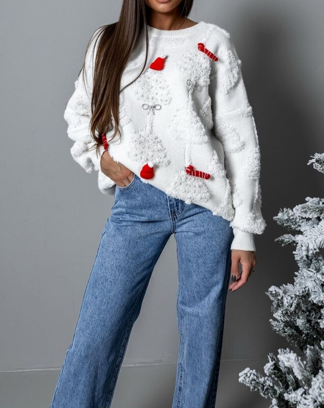 Sweater wanita lengan panjang, Sweater rajut harian leher bulat lengan panjang, dekorasi pita mutiara pola, topi Natal musim gugur untuk perempuan