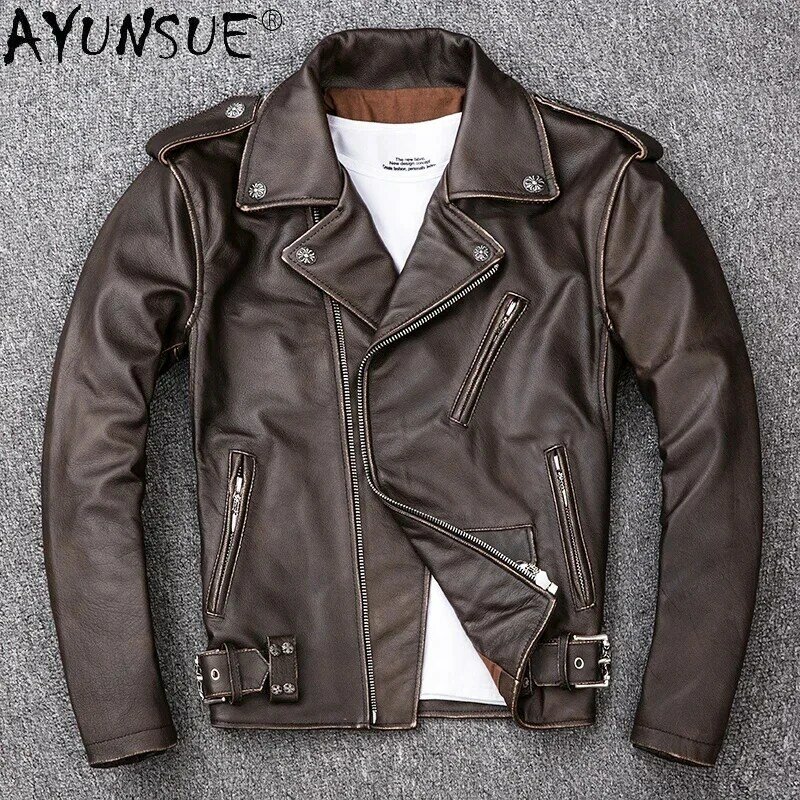 Wysokiej jakości modna skórzana kurtka mężczyźni Vintage kurtka motocyklowa odzież Streetwear płaszcze ze skóry bydlęcej Jaqueta Masculina WPY3742