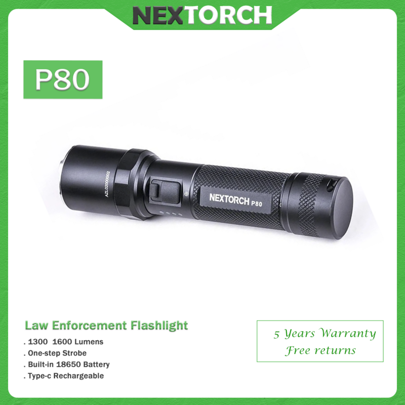 Nextorch P80 recarregável alto brilho lanterna tática, LED, aplicação da lei, esportes ao ar livre, pesca, camping, 1600 lumens