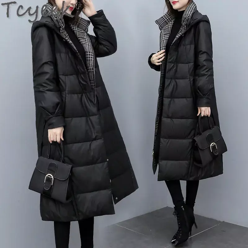Tcyeek 2023 inverno quente jaquetas moda com capuz jaqueta de couro genuíno das mulheres vestuário elegante casaco de pele de carneiro