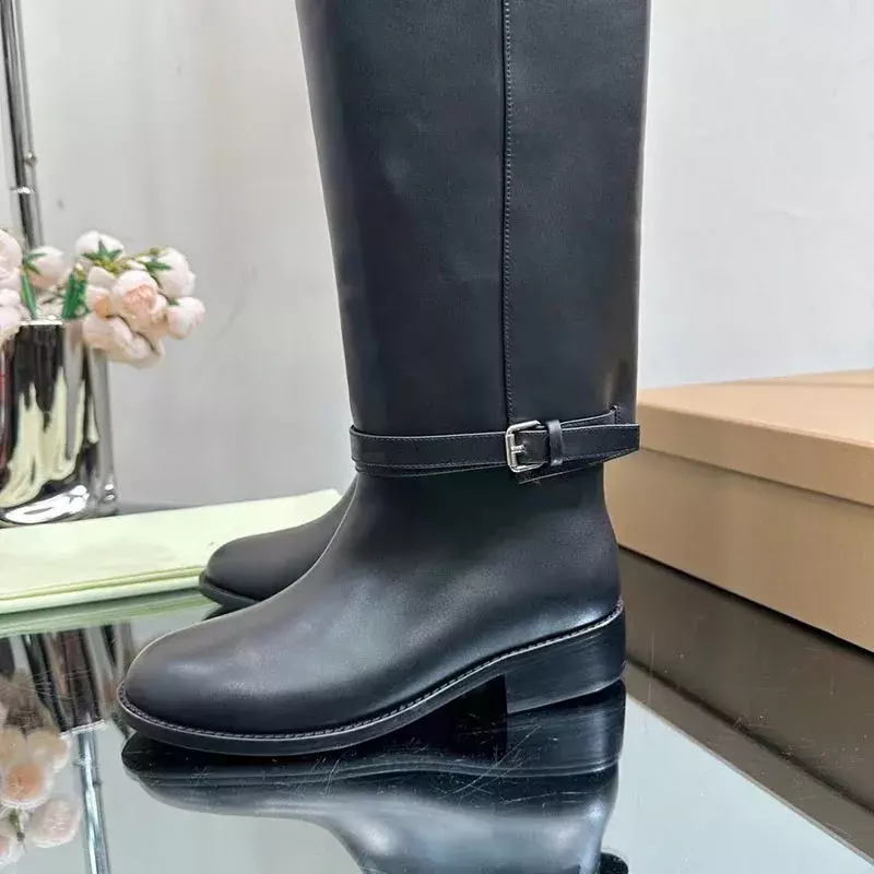 Genuine Leather Black Fashion Boots Knee High Mental Decor Modern Boots High Quality Street Style Shoes For Women Spring Autmn
