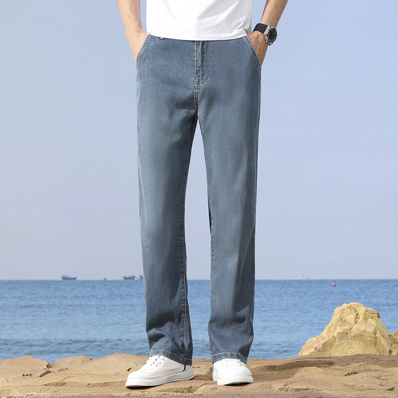 2024 letnia Ultra cienka męska luźne jeansy modna na co dzień lodowy jedwab luźne, proste, szare spodnie 40 42