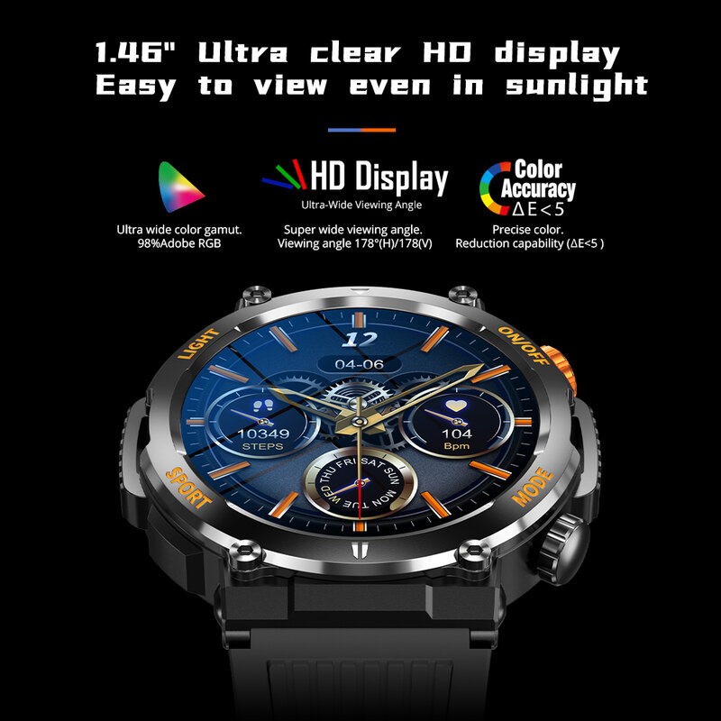 นาฬิกาอัจฉริยะหน้าจอ HD V68 1.46นิ้ว, [2024] สมาร์ทวอท์ชโหมดกีฬา100มีเข็มทิศเกรดทหารสำหรับผู้ชาย
