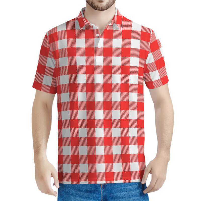 Mode geometrische karierte Muster Polos hirt für Männer Sommer 3d gedruckt Gitter T-Shirts Tops lässig Revers kurze Ärmel Knopf T-Shirt