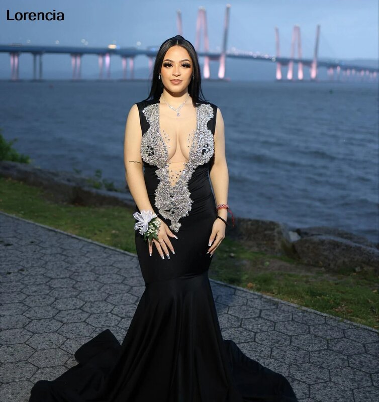 Lorencia Black Velvet Mermaid Prom Dress For Black Girls 2024 Silver Crystal Beaded Formal Party Gala Gown De Soiree YPD130