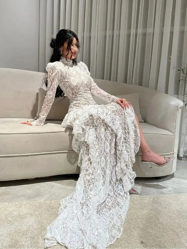 Robe de soirée élégante à manches longues pour femmes, robe de Rhen dentelle sirène, col rond, saoudien, 2024