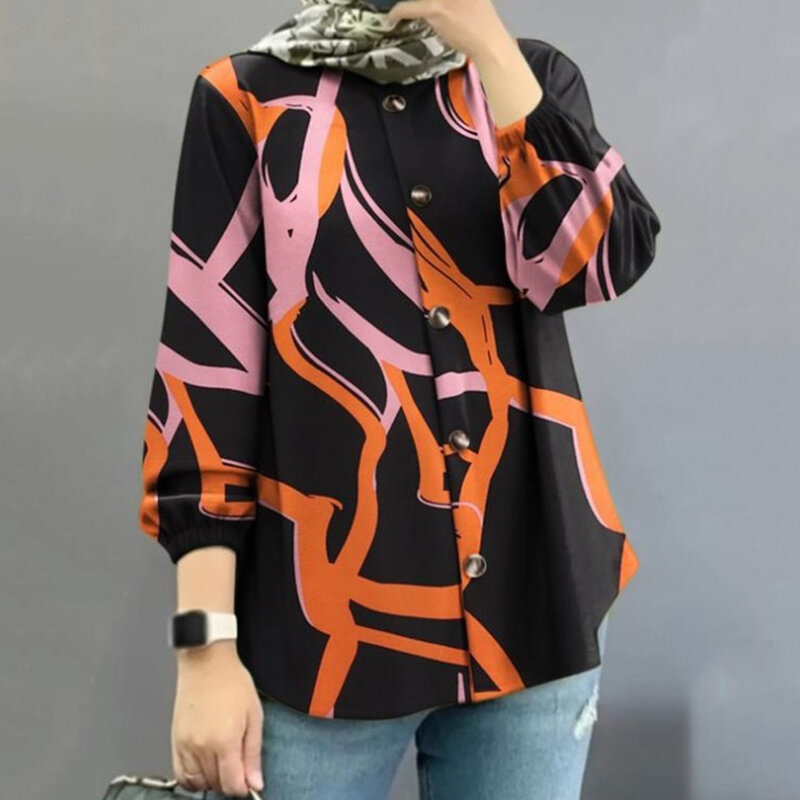 Affordable Shirt Women Shirt O Neck Ruffles Blouse Vintage Women Casual Floral Printed Holiday Long Sleeve For Women