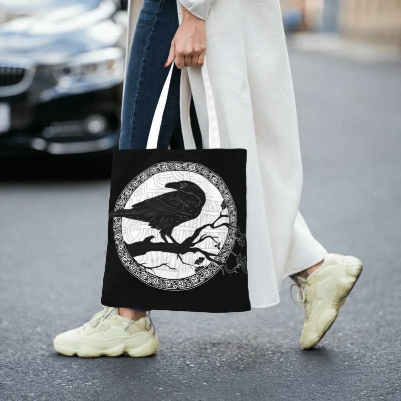 Odin Ravens Huginn Muninn Viking Mythology Grocery Shopping Bags Canvas Shopper Shoulder Tote Bag Big Capacity Durable Handbag