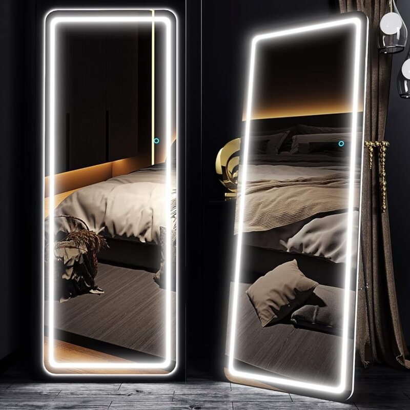 Full Length Mirror with Lights,Bedroom Tall Full-Size Body Mirror Lighted Mirror, Free Standing Wall Mounted Hanging Mirror