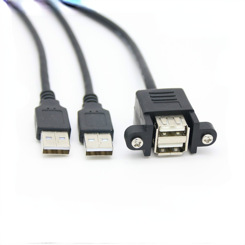 Dual Port USB 2.0 A Male To Female M/F Extension Screw Lock Panel Mount Cable 50cm 30cm 100cm