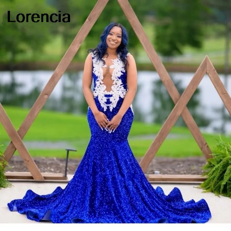 Lorencia-ブラックガール用スパンコール付きキラキラマーメイドプロムドレス、アフリカンビーディングクリスタル、女性の誕生日パーティードレス、ロイヤルブルー、ypd43