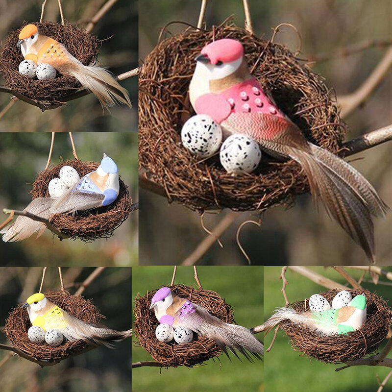 Artificial pena pássaro ninho conjunto rattan artesanal artesanato suprimentos de festa em casa do vintage jardim adereços decoração páscoa 4 pçs/set
