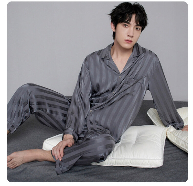 Men Pijamas Suit Sprig Autumn Silk Satin Sleepwear Plus Size Pajamas Set Gray Stripe Long Sleeve Nightwear Loose Asual Home Wear
