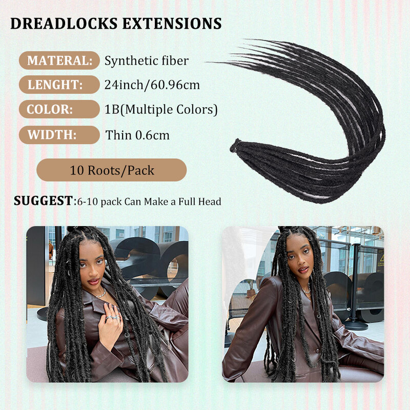 Dreadlock-extensiones de cabello sintético estilo Reggae, pelo de ganchillo, 10 raíces/paquete, Hippie, un solo extremo, Dreadlock Ombre Loc, 24 pulgadas