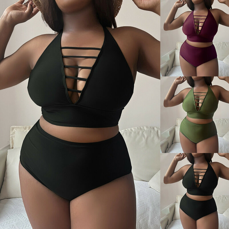 Bikini de talla grande para mujer, trajes de baño de Color sólido con correa frontal y Espalda descubierta, traje de baño Sexy negro para playa, novedad de 2024