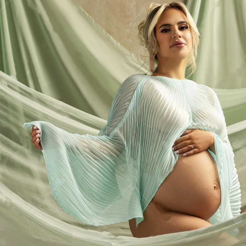 女性のための妊婦の写真撮影服、プリーツトップ、半透明の薄いTシャツ、バットスリーブのふくらんでいる、マタニティ写真のアクセサリー
